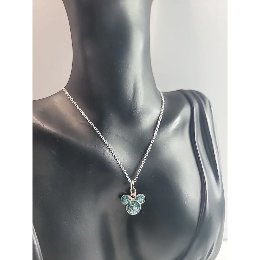 Disney Hidden Mickey Pendant Necklace Teal‎ Glitter Fashion Jewelry